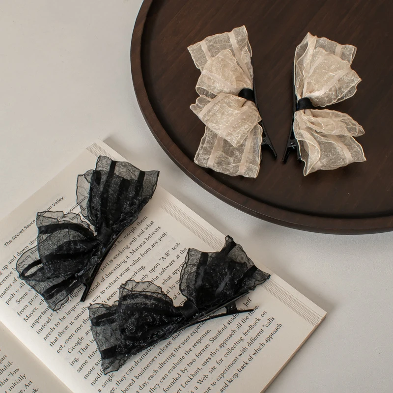 

Korean Bow Cute Hairpin Black/White Top Clip for Girls Sweet Duckbill Clip Hair Accessories Lace Women Makeup Side Clip