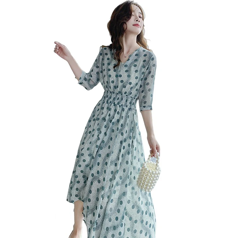 

COIGARSAM French Style Half Sleeve Women Long dress New Summer Polka Dot Chiffon V-Neck Dresses 9927