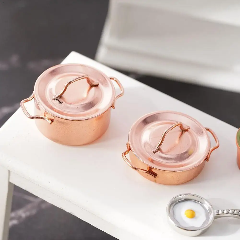 

1:12dollhouse Doll House/ob11/mini Decorative Kitchen [2-piece Round Pot] Copper-colored Decoration R7J5