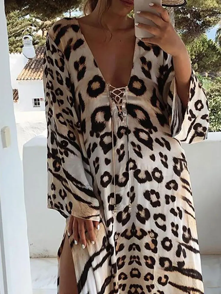 

2021 Summer Sexy Females Casual Loose Long Sleeve V Neck Beach Long Dress Cheetah Print Lace-up High Slit Maxi Dress Vacation
