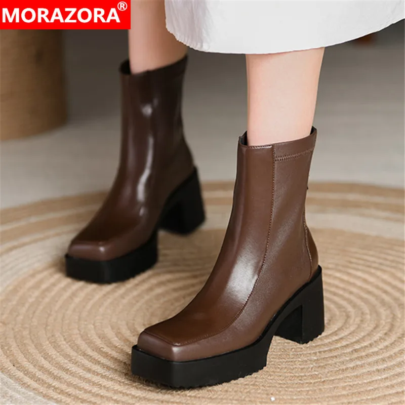 

MORAZORA 2022 Square Toe Thick Bottom Stretch Boots Female Genuine Leather Shoes Solid Colors Vintage Simple Ankle Boots Women