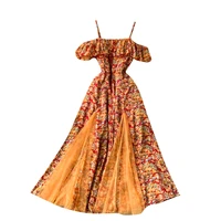 2021 new summer women sexy off shoulder spaghetti strap slim long dress sweet ruffles mesh patchwork hem floral dress