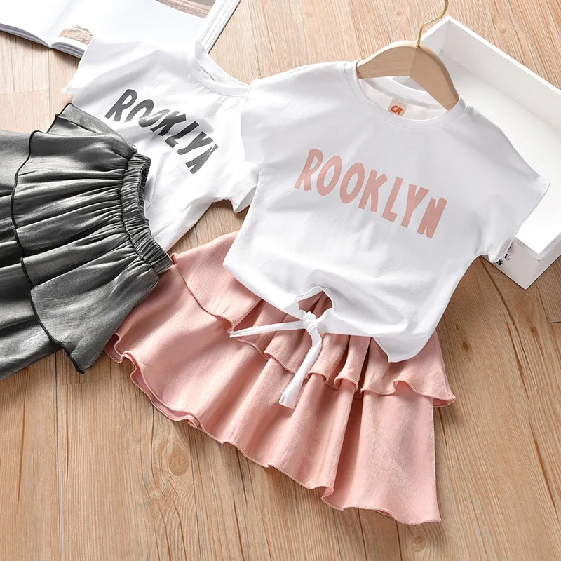 Girls Clothing Set 2020 Summer Sweet Letter Top Short Sleeve+Solid Layered Skirt Fashion 2pcs Sets Children Clothes 3-7Y | Детская