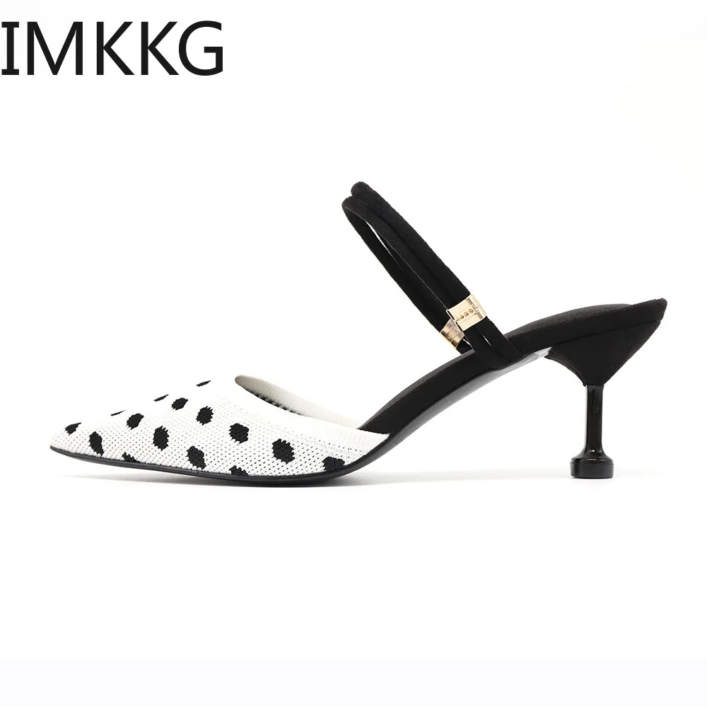 Женские босоножки с острым носком в горошек летние дамские тапочки на тонком