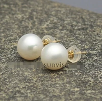 fashion 14kgpt585 yellow gold stud aaa 8 9mm white perfect circle pearl earrings
