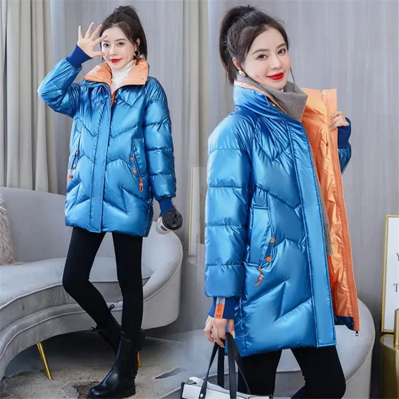 

2022 New Winter Parkas Women Jacket Casual Long Sleeve Glossy Warm Long Coat Female Jackets Cotton Pdded Parka Outerwear