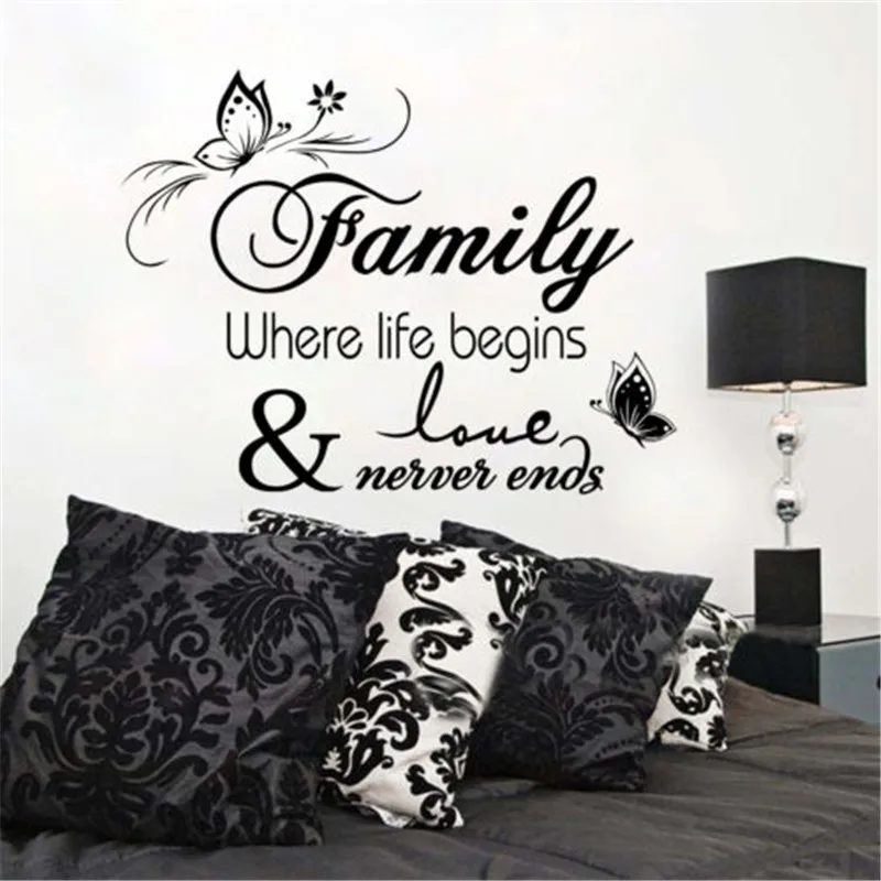 Элегантная буква Семья где жизнь начинается теплый стены Стикеры s Спальня