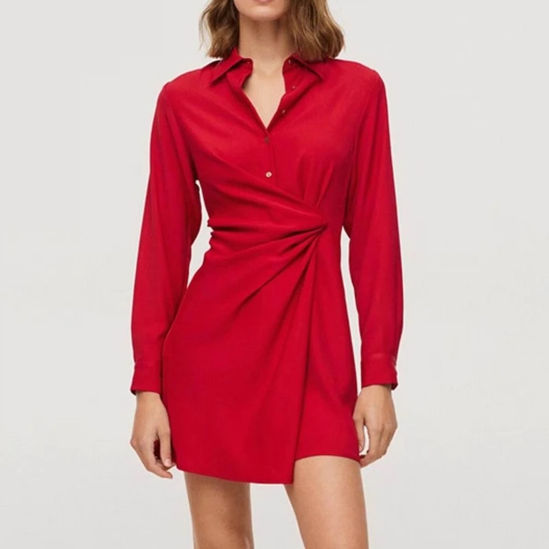 

Chic Red Short Dress Women Autumn 2021 New Fashion Shirred Waist Full Sleeve V-neck Above Knee Casual Clothing Feminino Vestido