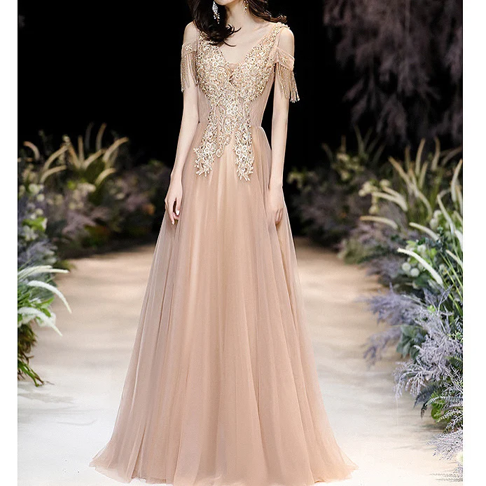 

V-neck Champagne Prom Dresses Tassel Sleeve New A-Line Backless Lace Appliques Bead Wedding Party Guests Evening Gowns Custom