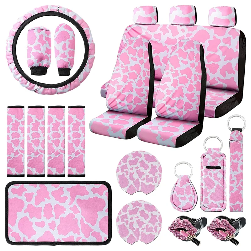 

22PCS Cow Print Car Seat Cover Kit, Steering Wheel Cover, Seat Belt Pads, Coasters, Armrest Pad, Headrest Cover