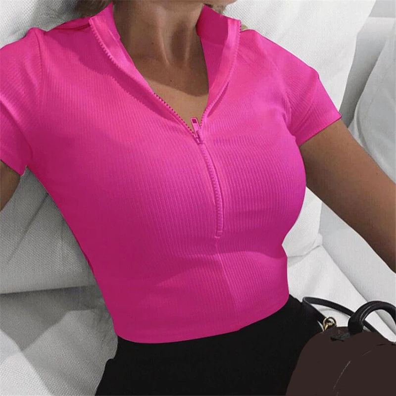 

Lucyever Slim Fit Zipper Knitted T Shirt Women Summer 2021 Elastic High Neck Solid Color Crop Tops Female Streetwear Tees Mujer