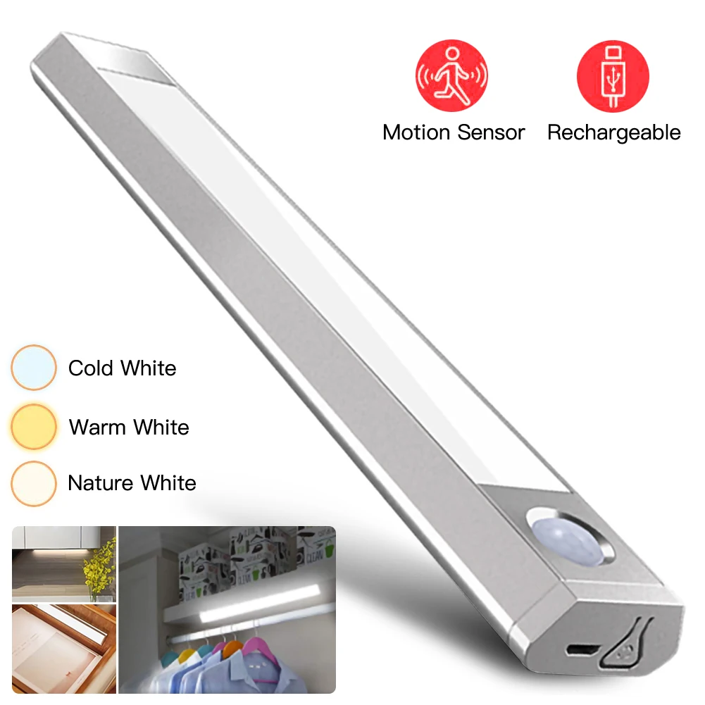 

Светодиодный ночсветильник с датчиком движения, перезаряжаемый от USB светильник льник для шкафа, кухни, 3 режима освещения