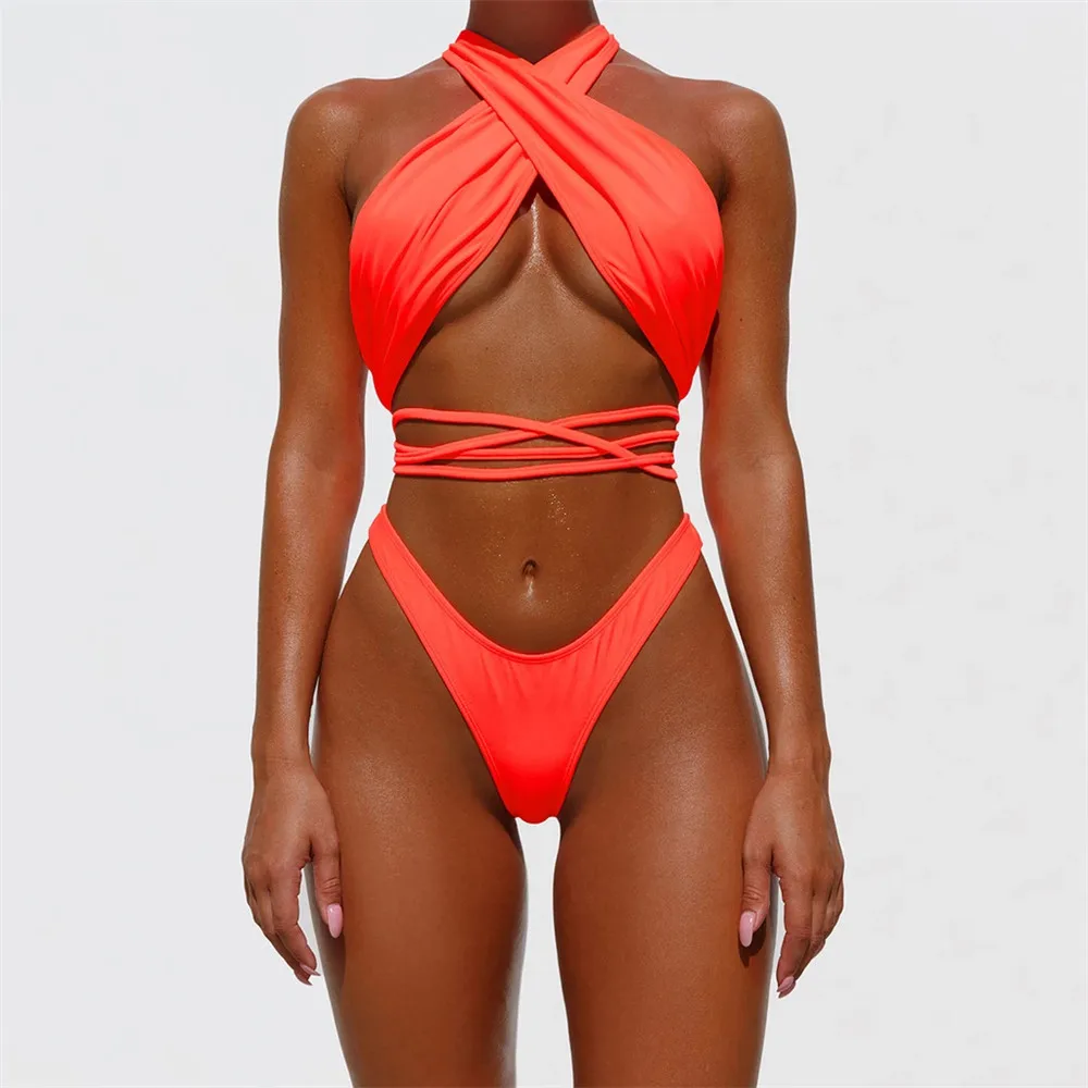 

Sexy Cross Halter String Bikinis 2021 Mujer High Cut Swimwear Women Swimsuit Orange Bathing Suit Biquinis Two Piece Bikini Set