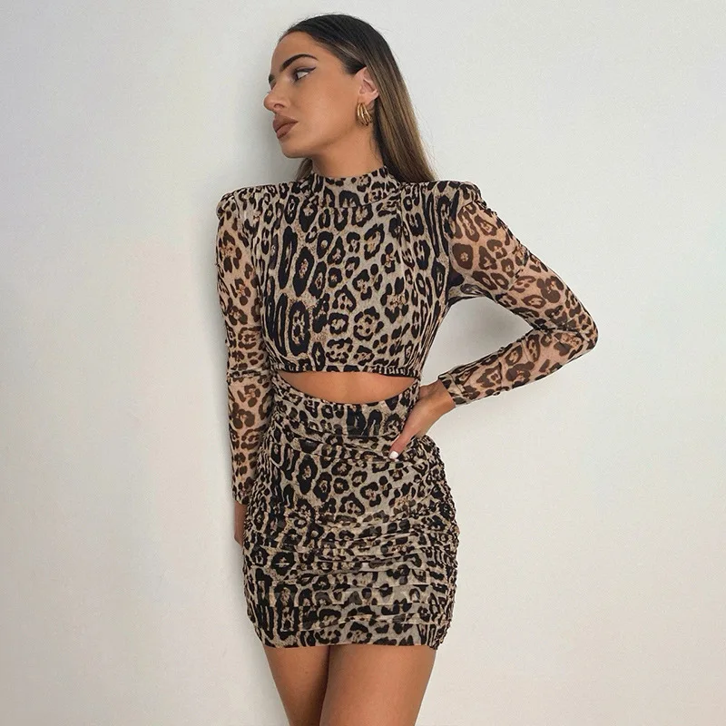 

2021 New Summer Leopard Short Dress Women Sheath Gauze Full Sleeve Fashion Print Slim-fitting Hip Dress Ladies
