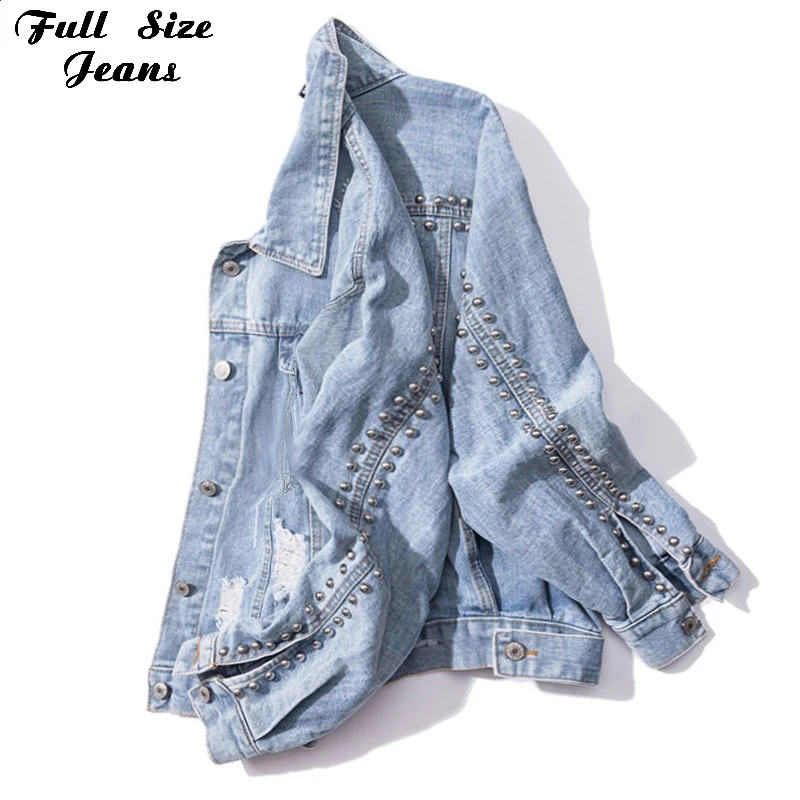 Уличная одежда размера плюс белая женская куртка-бомбер с шипами джинсовая