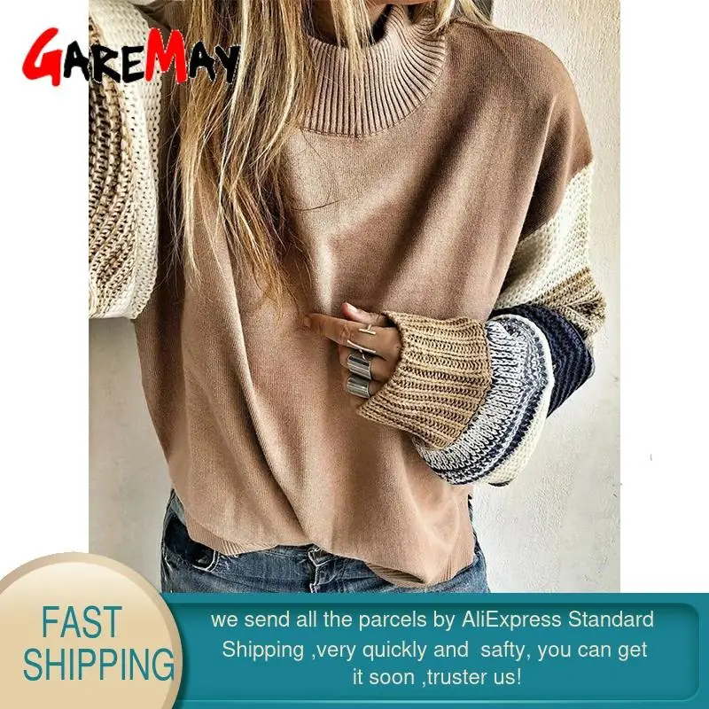 Color Block Sweater Female Autumn 2020 Jumpers Loose Long Sleeve O-neck Knitted Striped Oversized Fluffy Pullover Women | Женская одежда