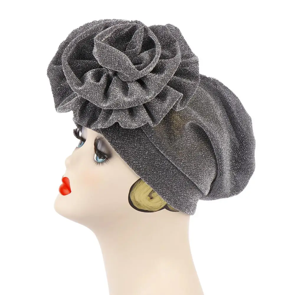 

2020 Big Flower For Women Turban Hat Fashionable Bright Silk Muslim India Hat Elastic Cloth Head Cap Hat Lady Hair Accessories