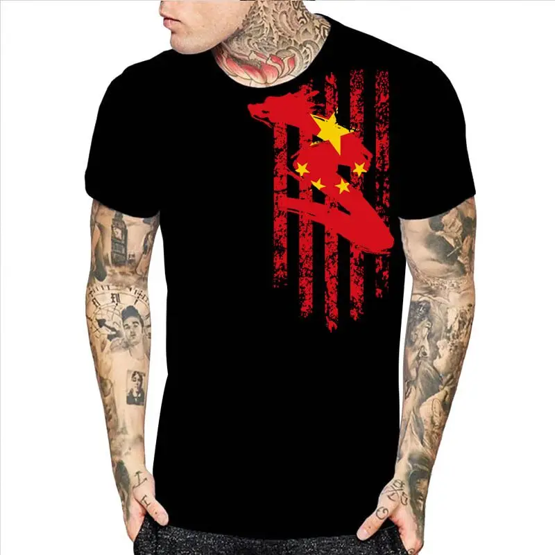 

CHINA Vintage Flag Print Mens Black and White Short Sleeve T-Shirt New Chinese Dargon 5 Star Red Design Christmas Gift Shirts