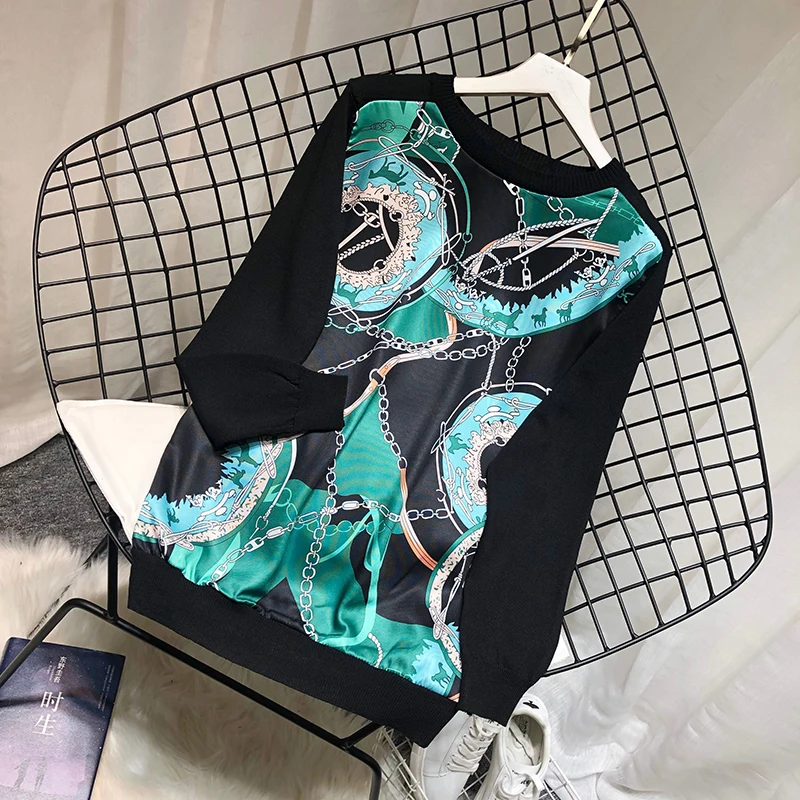 Женский атласный свитер ALPHALMODA вязаный с длинным рукавом винтажным принтом в