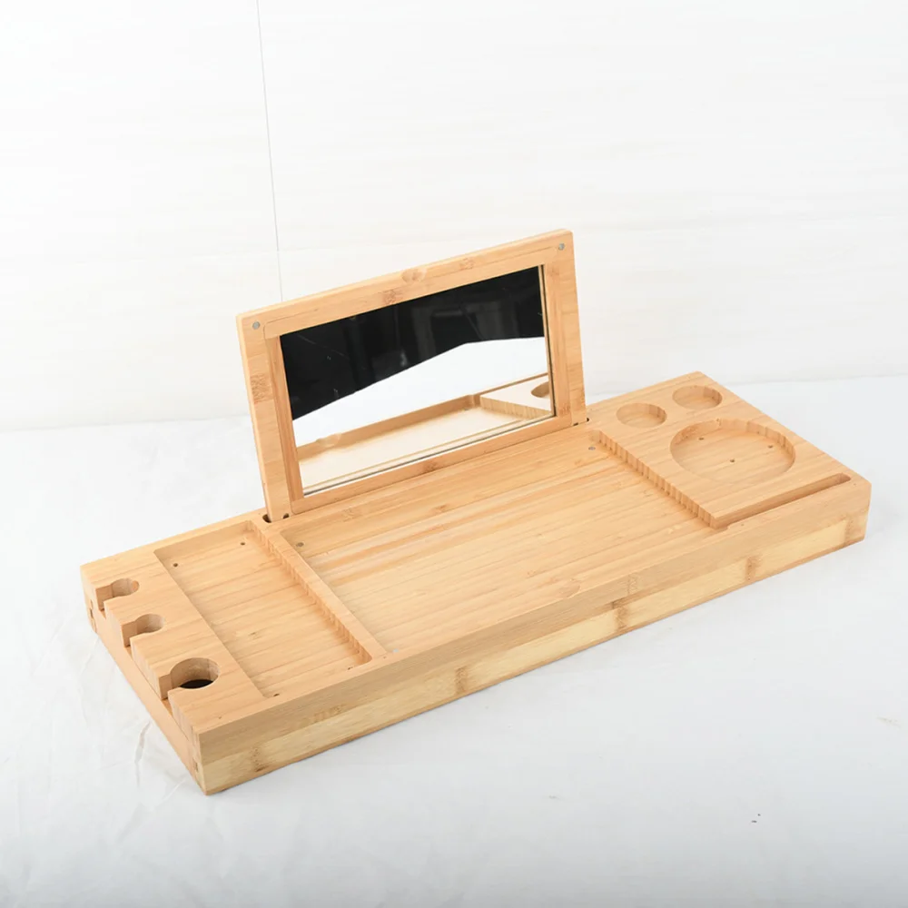 

1PC Multifunctional Bathtub Serving Tray Bamboo Bath Bridge Telescopic Storage Rack Shelf with Mirror for Bathroom Home