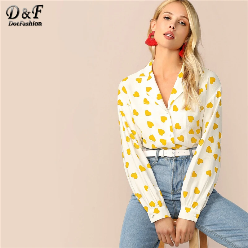 Dotfashion, повседневная желтая блузка с принтом сердца, женская рубашка, осень, на пуговицах, v-образный вырез, блузки для девушек, отделка, милый топ