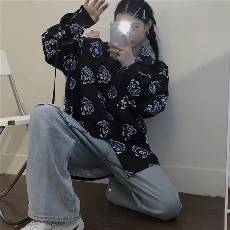 

Spring Blouse Women Retro Harajuku Personality Printing Lapel Long-Sleeved Buttons Oversized Streetwear BF Boyfriend Fun Shirt