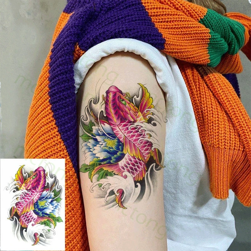 Временные татуировки стикер Ukiyoe желтый спрей Koi красный Лотос Искусство