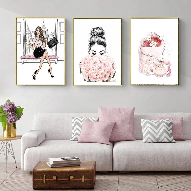 Модная Косметика печать постер розовый цветок девушка ресницы губы парфюм книга
