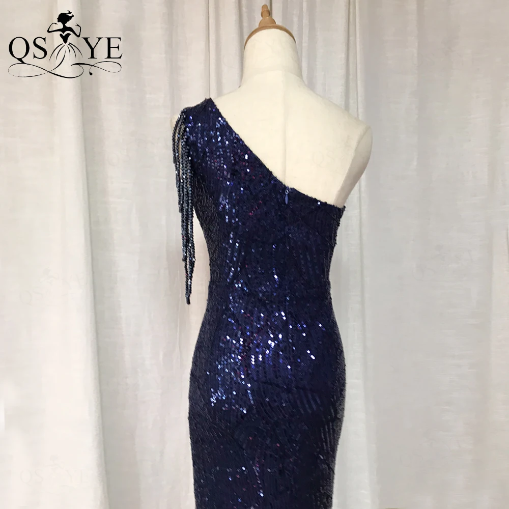 

Sparkle Navy Prom Dresses 2021 Sequin One Shoulder Mermaid Evening Gown Beading Straps Sequin Pattern Formal Party Gown Blue New