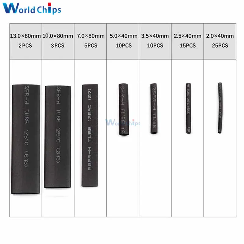 70pcs/lot Polyolefin 2:1 Shrinking Assorted Insulation Heat Shrink Tube Wire Cable Insulated Black Sleeving Tubing | Электронные