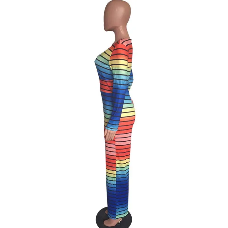 

Spring Autumn Gradient Color Jumpsuit 2021 NEW Sexy Long Sleeve Women Wide Leg Pants Overalls Striped Skinny Sashes Bodysuit