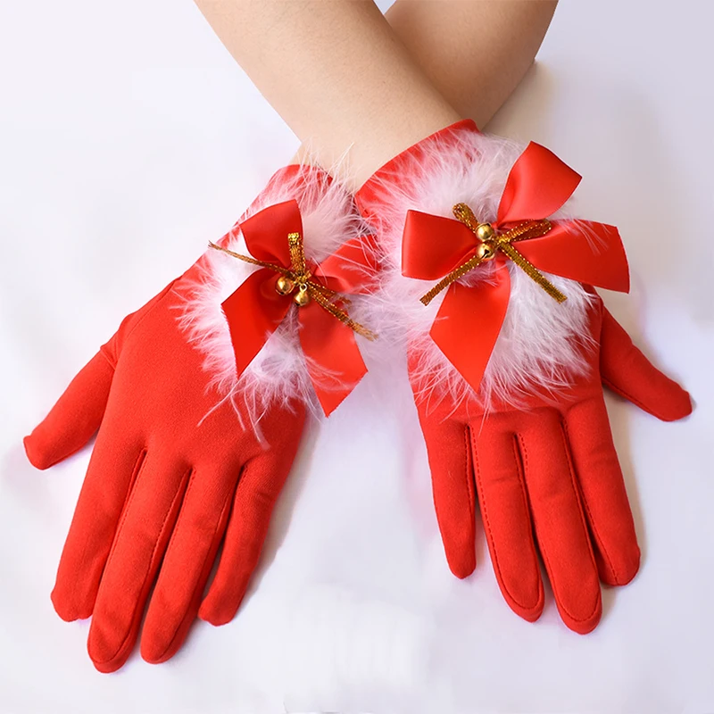 

Christmas Gloves Red Bow Dress Gloves Feather Driving Full Finger Mittens Ladies Cute Bell Christmas Set with Gloves