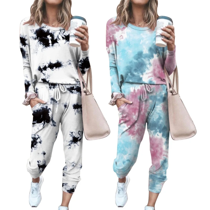 

2 комплекта, женский домашний костюм с принтом, круглым вырезом и длинным рукавом