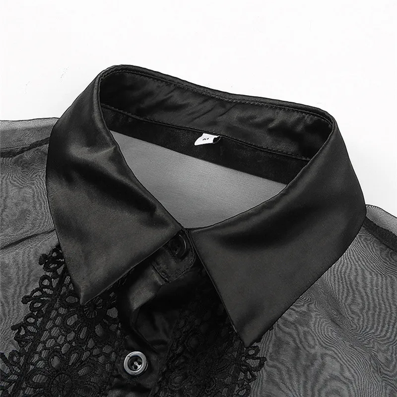 Осенняя шикарная Просвечивающая женская блуза с пышными рукавами в сеточку