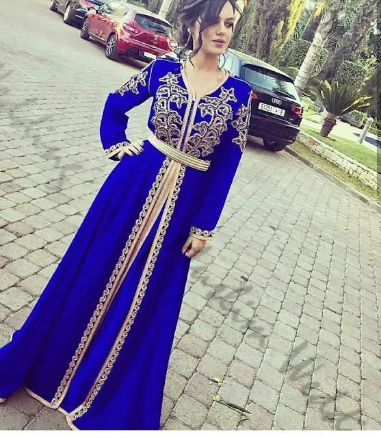 

Vintage Muslim Morrocan Evening Dress With Gold Lace Caftan Dubai Prom Dresses 2020 Long Sleeve Formal Party Gowns 2020 Cheap