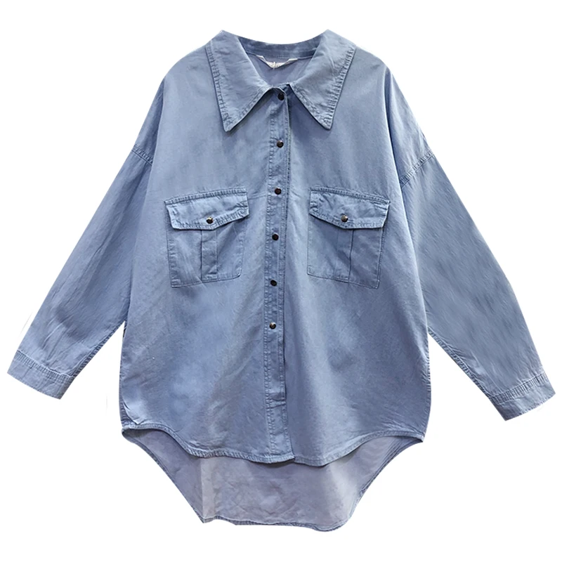 

2020 Spring and Autumn Simple Pocket Lapel Denim Shirt Women's Loose Asymmetrical Long Shirt Oversize Female Jeans Blouses