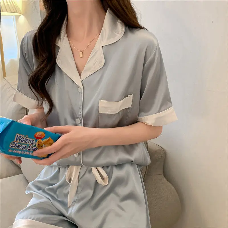 

Атласный пижамный костюм с карманами, летняя женская одежда для сна с лацканами, домашняя одежда, ночная рубашка с коротким рукавом, интимно...