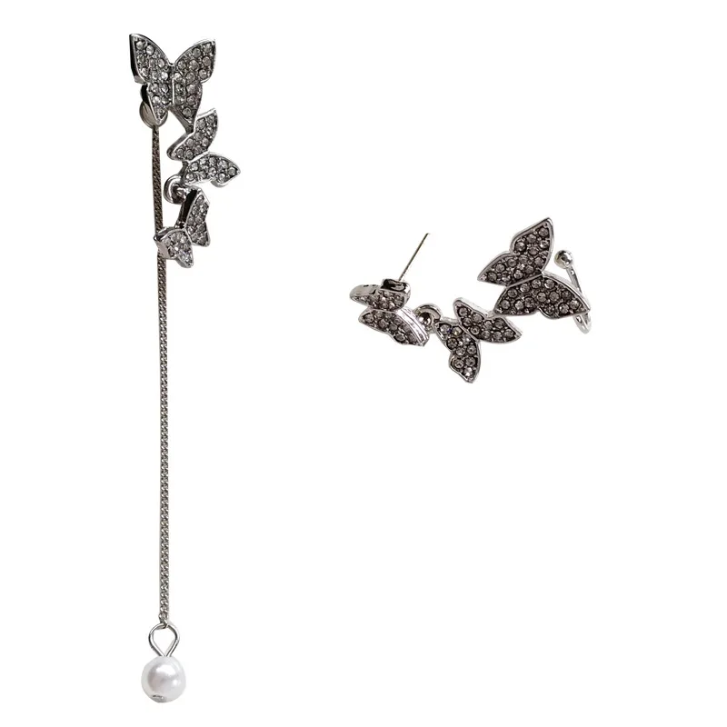 

S925 Silver Needle Butterfly Diamond Pearl Pendant Earrings Female Creative A Two Wearing Chain Tassel Ear Cuff New Accessories