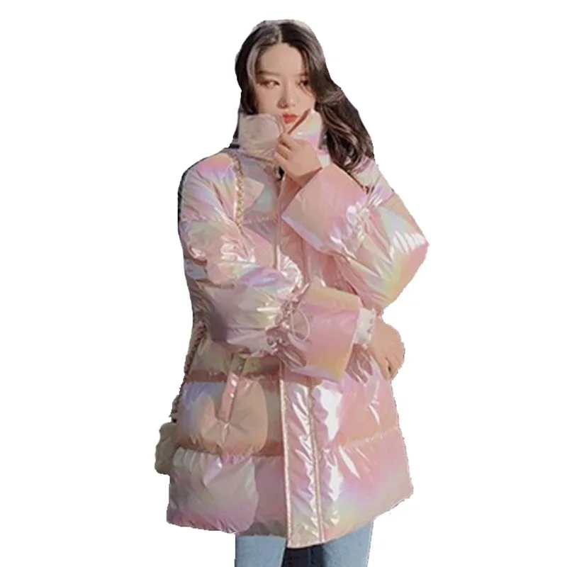 

2021 Chic Shiny Metallic Drawstring Women Coat Flare Sleeve Zipper Down Cotton Padded Thick Warm Loose Jackets For Lady M509