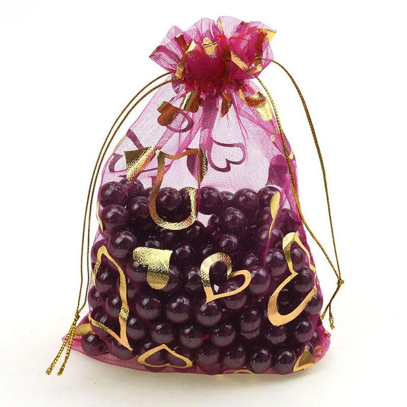 fushia gold heart 100 шт./лот 7X9 см X 9 см X 12 см 11X16 см 13X18 см золотое любовное сердце роза свадебная сумочка из органзы из тонкой прозрачной ткани, подарок на Рождество, спальные мешки для упаковки ювелирных изделий - Цвет: fushia gold heart