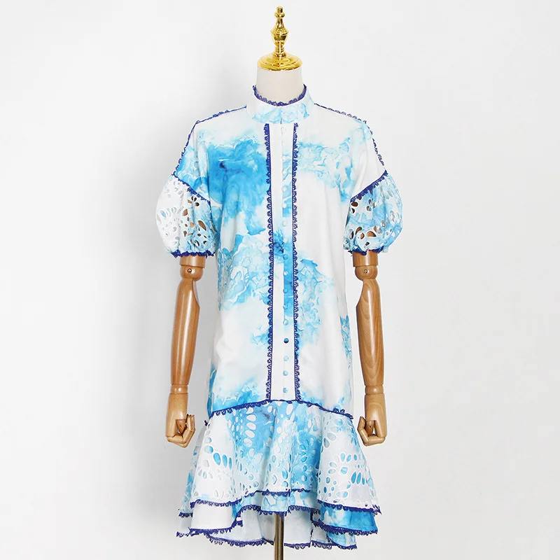 

Girl Y2K 2021 New Summer Tie Dye Print Patchwork Dress Women Harajuku Sweet Ruffles Stand Collar Casual Loose Blue Mini Dresses