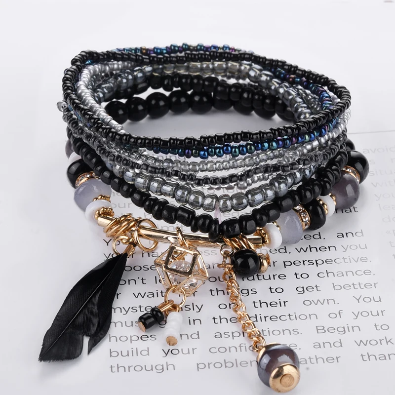 2019 unique Fashion Feather friendship Bracelets &amp Bangles For Women Jewelry Christmas Gift Crystal Beads Boho Bracelet Femme | Украшения