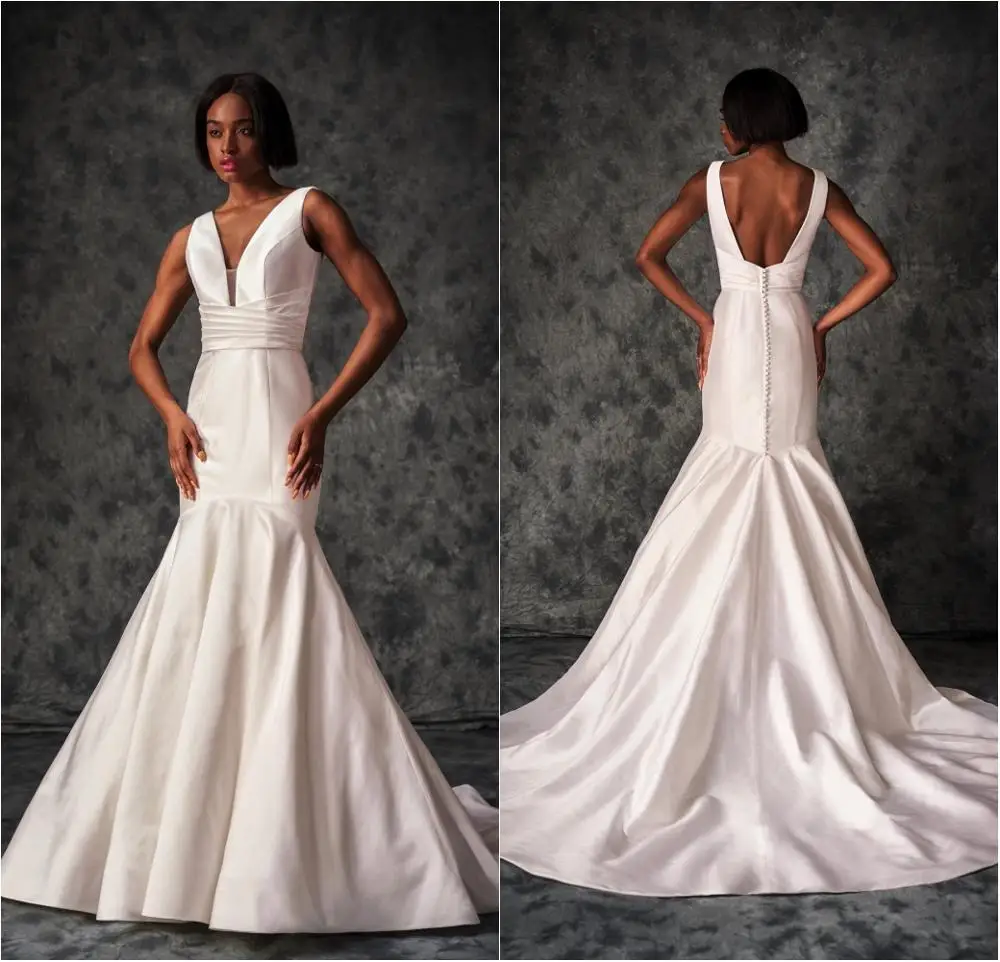 

2020 Mermaid Wedding Dresses with Jacket V Neck Backless Lace Satin Bridal Gowns Custom Made Sweep Train Wedding Dress