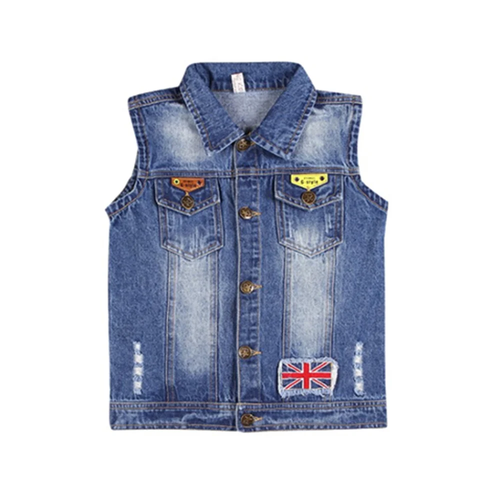 Джинсовый жилет для мальчиков с английским флагом рваный джинсовый ковбойский