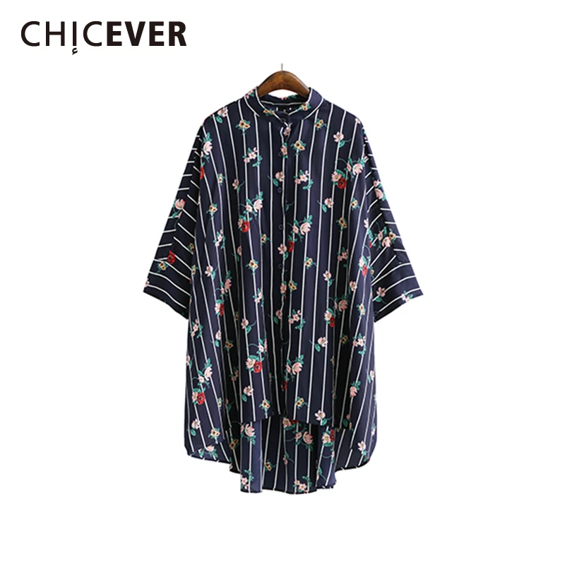 CHICEVER летняя женская рубашка в полоску с принтом воротник стойка рукав &quotлетучая