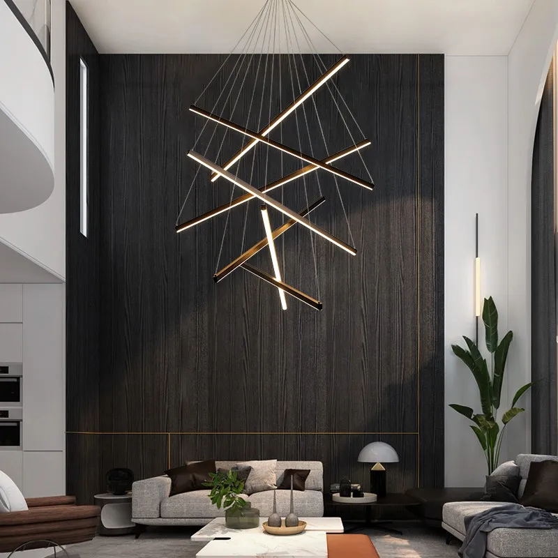 

Black Stair Chandelier simple modern duplex building high-rise empty living room hall creative personality long LED line lamp