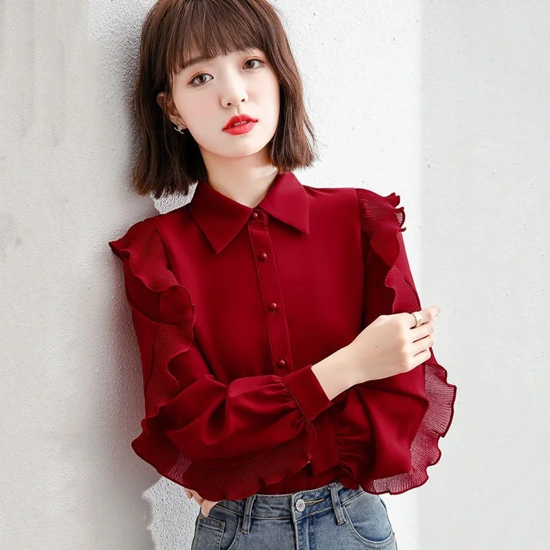 

Chiffon Women Shirts Summer New 2021 Turn-Down Collar Ruffles Long-Sleeved Slim Elegant Office Lady Outwear Tops