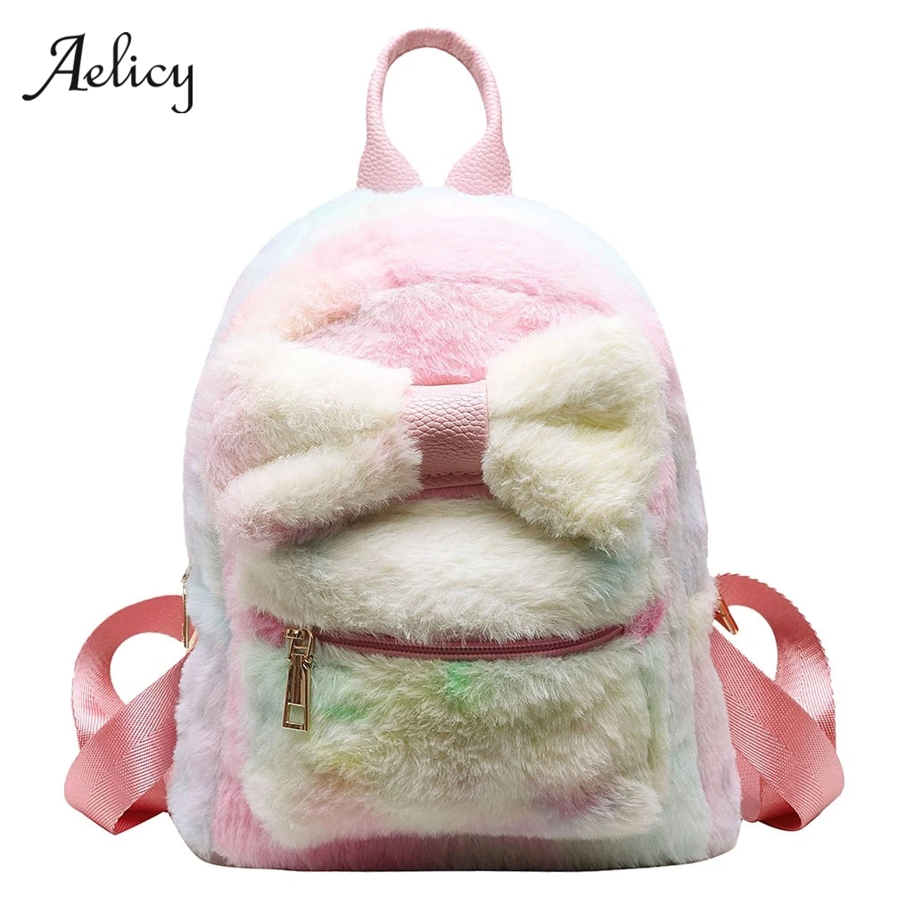 Aelicy мягкий меховой плюшевый рюкзак для женщин с бантом маленькие рюкзаки женская пушистая школьная сумка для девочек-подростков милые Mochilas