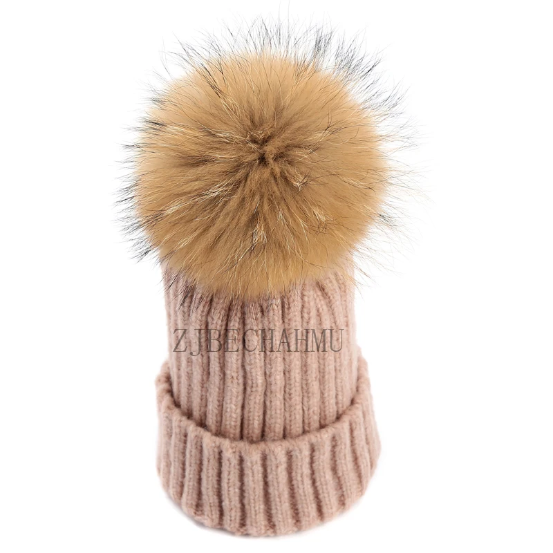

Fashion New Real Fox Fur Mink Pompoms 15cm Skullies Beanies Hat For Women Girl Winter Hats Solid Wool Warm Skullies Beanies Hat