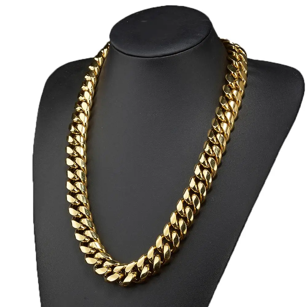 

16mm Wide 7-40inch Gold Tone 316L Stainless Steel Jewelry Curb Cuban Link Miami Chain Necklace for Men